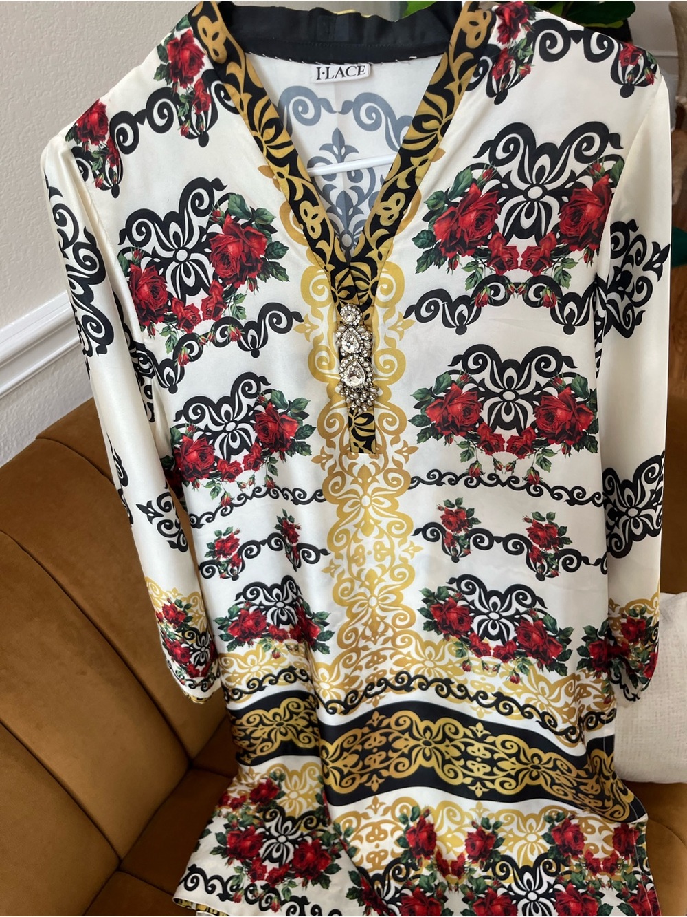 J·Lace Floral & Baroque Print Tunic with Jewel Accent